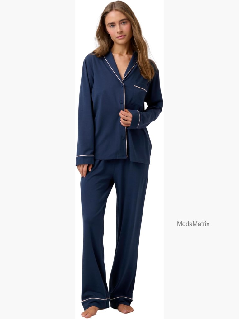 Button Down Pajama Set With Long Sleeve Top And High Rise Pants